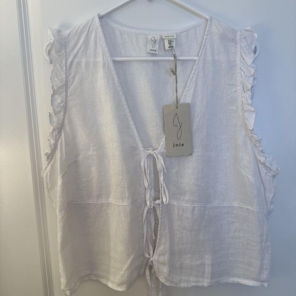 NWT joie 100 % Linen Size Xl Sleeveless Tie Up White Top With Ruffle Arm Rushing - Picture 2 of 12